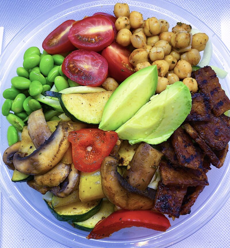 Mushrooms, mixed bell peppers, zucchini, edamame, tomatoes, and chick peas. Served with a side of mustard sauce