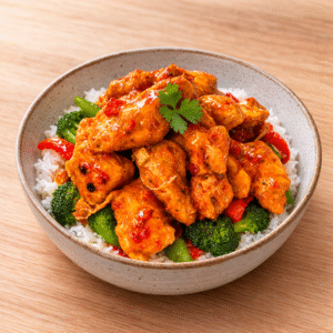 Spicy Thai Chicken served with basmati rice and mixed vegetables