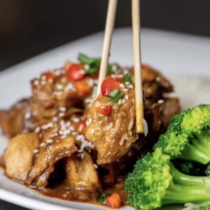 Chicken Teriyaki served with basmati rice and a side of steamed broccoli